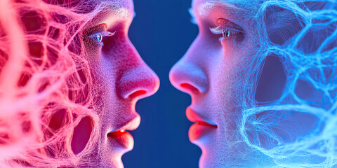 Poster - Two Faces with Interconnected Line Networks in Pink and Blue
