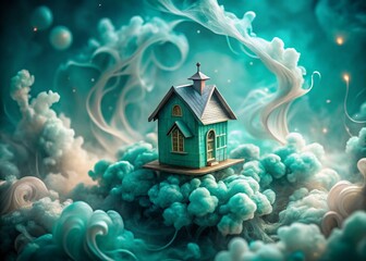 Poster - Surreal Teal House in Ethereal Smoke: Dreamlike Architectural Photography