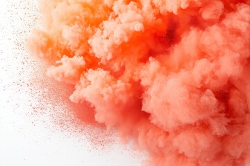 Poster - Abstract explosion of vibrant reddish orange powder against stark white background dynamic movement and texture