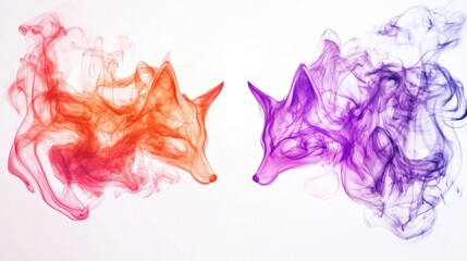 Poster - Two stylized fox heads are depicted in profile, facing each other, formed from smoke or watercolor-like texture