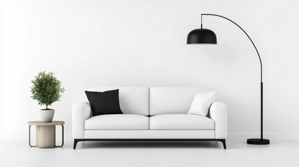 Poster - A minimalist living room features a white sofa with black and white pillows, a small plant on a side table, and a curved floor lamp against a plain white wall
