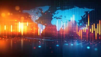 Poster - Global Stock Market Data, Abstract Financial Visualization, Candlestick Charts, World Map Background