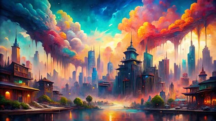 Poster - Surreal Watercolor Cityscape: Dreamlike Urban Landscape Painting