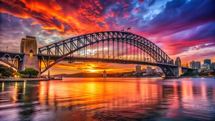 Wall Mural - Sydney Harbour Bridge Sunset Panorama - Fiery Sky Over Iconic Landmark