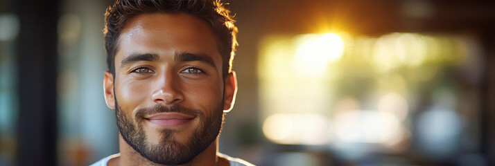 Wall Mural - handsome man with warm smile radiates confidence and charm enhanced by soft natural sunlight filtering through behind him