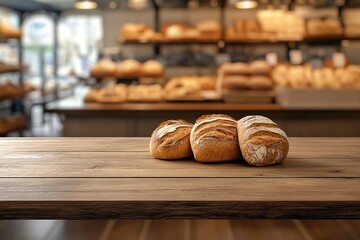 Wall Mural - Empty wooden table with blurred background of bakery interior and bread on shelves, for product display montage. 