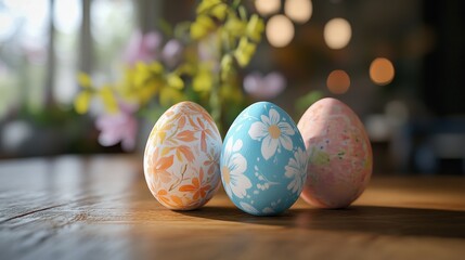 Wall Mural - Patterned colorful eggs on wooden table. Easter holiday banner