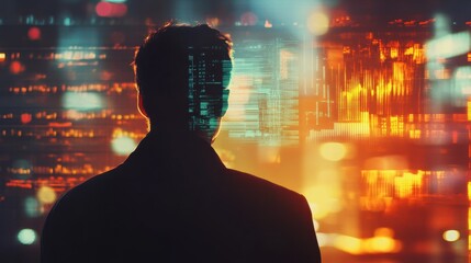 Poster - Businessman silhouette with business report hologram on city background. Business and financial success concept. Close up