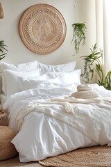 Wall Mural - White Minimalist Bedroom With Natural Decor A Serene Retreat For Rest And Relaxation.