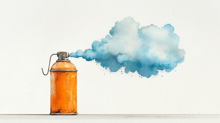 Poster - Orange Fire Extinguisher with Blue Smoke Cloud on White Background in Artistic Graphic Style