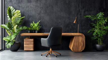 Wall Mural - Modern wooden desk with black chair and indoor plants