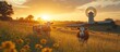 © adiba - Two cows in a golden sunset farm field with a windmill.