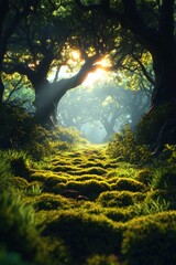 Sticker - Sunlit mossy path winds through ancient forest.