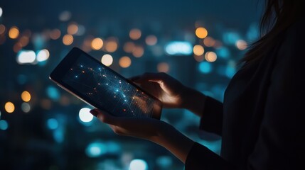 Poster - Close up of businesswoman hands holding tablet with abstract glowing connections globe on night city background.