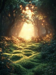 Sticker - Sunlit path through mossy forest, golden hour magic