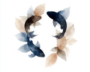 Poster - Elegant Watercolor Fish Design Surrounded by Delicate Leaves in Soft Earthy Tones for Interior Decoration