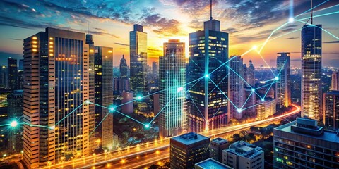 Poster - Urban Exploration: Skyscrapers & Data Streams at Dusk - Financial Metropolis