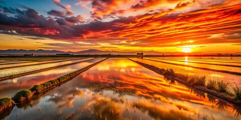 Wall Mural - Valencia Albufera Rice Paddy Sunset: Vibrant Golden Hour Landscape Photography