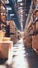 Poster - Warehouse interior with shelves filled with boxes, showcasing logistics, industrial storage, and inventory management in a modern facility illuminated by overhead lights.