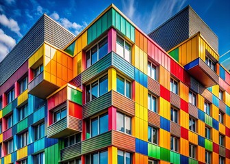 Poster - Vibrant 17-Color Modern Architecture, Geometric Building Facade, Colorful Exterior Design