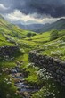 © grey - A beautiful painting of the green, grassy hills with stone walls, a small stream running through it, and white flowers growing in between the stones.
