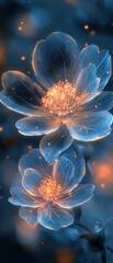 Sticker - Glowing blue flowers, orange centers, ethereal beauty