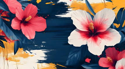 Poster - Vibrant floral illustration with hibiscus and abstract brush strokes