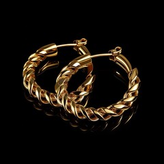 Wall Mural - Elegant gold hoop earrings with twisted design on black background