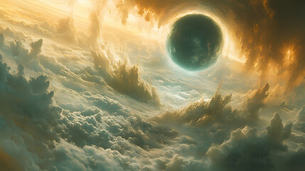 Aufkleber - Celestial scene with a dark sphere amidst colorful clouds