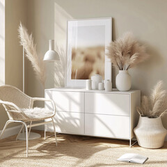 Wall Mural - Neutral toned room featuring a white dresser, pampas grass decor, woven chair, and a framed landscape print.