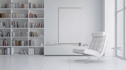 Wall Mural - Bright, minimalist room with full bookshelf, blank canvas, modern white chair, and wooden floor.