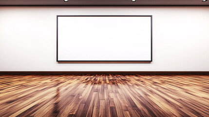 Wall Mural - Empty gallery features wooden floor and large blank white canvas against a light wall.