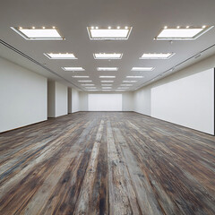 Wall Mural - Empty white gallery space featuring a rustic wood floor and skylights in the ceiling.