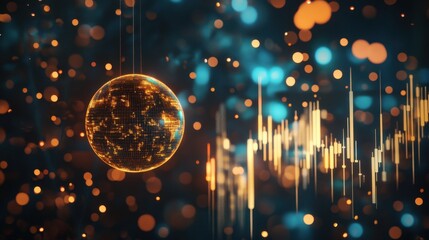 Poster - Abstract glowing polygonal globe on blurry starry sky background with candlestick forex graph. Earth, trade, stock, technology and digital world concept. 3D Rendering