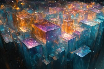 Poster - Cosmic cubes glow vibrant galaxy hues.