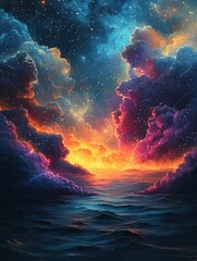 Poster - Celestial seascape, fiery sunset, cosmic clouds.