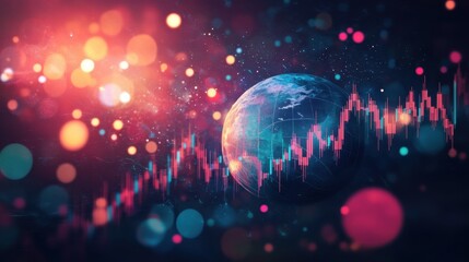 Poster - Abstract glowing polygonal globe on blurry starry sky background with candlestick forex graph. Earth, trade, stock, technology and digital world concept. 3D Rendering