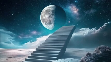 Wall Mural - Astronomical Stairs Leading to a Majestic Moon in a Dreamy Cosmic Landscape