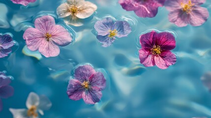 Aufkleber - Fragrant blossoms gently drift atop a clear blue surface, merging soft pinks and purples with touches of vibrant yellow, reflecting a tranquil springtime ambiance and natural beauty
