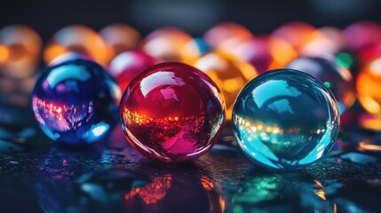 Wall Mural - Colorful glass orbs reflecting ambient light on dark surface