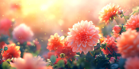 Wall Mural - Many soft colored dahlias with leaves on a natural blurred background and evening light.