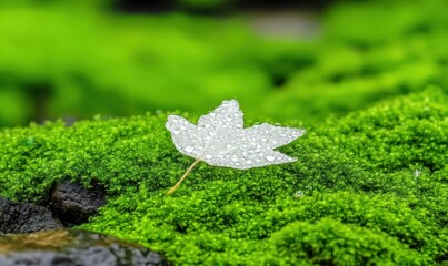 Wall Mural - Dewy white leaf on moss, tranquil garden, nature background, serene wallpaper