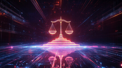 Poster - A high-quality digital artwork of a glowing balance scale surrounded by abstract data streams in neon colors, symbolizing justice, fairness, and the digital age.
