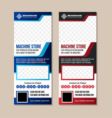 collection of machine store sale roll up Banner Design Template with space for photo collage on rectangle shape. combination of white, black, red and blue colors. vertical layout background.
