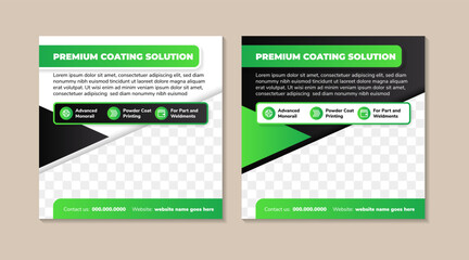Poster - premium coating solutions social media post and web banner design template on square layout. infographic element and space for photo. Combination of black, green and white colors. 