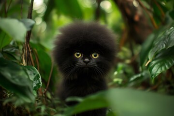 charming black cat with unique afro style fur surrounded by vibrant green foliage in a dense forest 