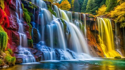 Poster - Vibrant Waterfall of Yellow, Olive, Red & Blue Colors - Abstract Art Background