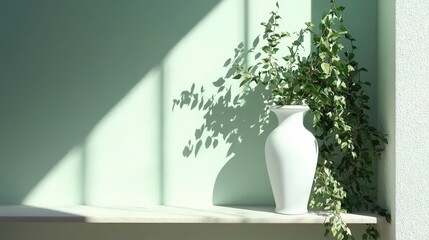 Wall Mural - A minimalist arrangement featuring a white vase with greenery against a soft green wall, illuminated by gentle shadows.