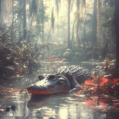 Wall Mural - Majestic crocodile rests in misty swamp forest.