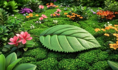 Wall Mural - Lush green leaf amidst vibrant flowers, mossy ground; nature backdrop, garden design